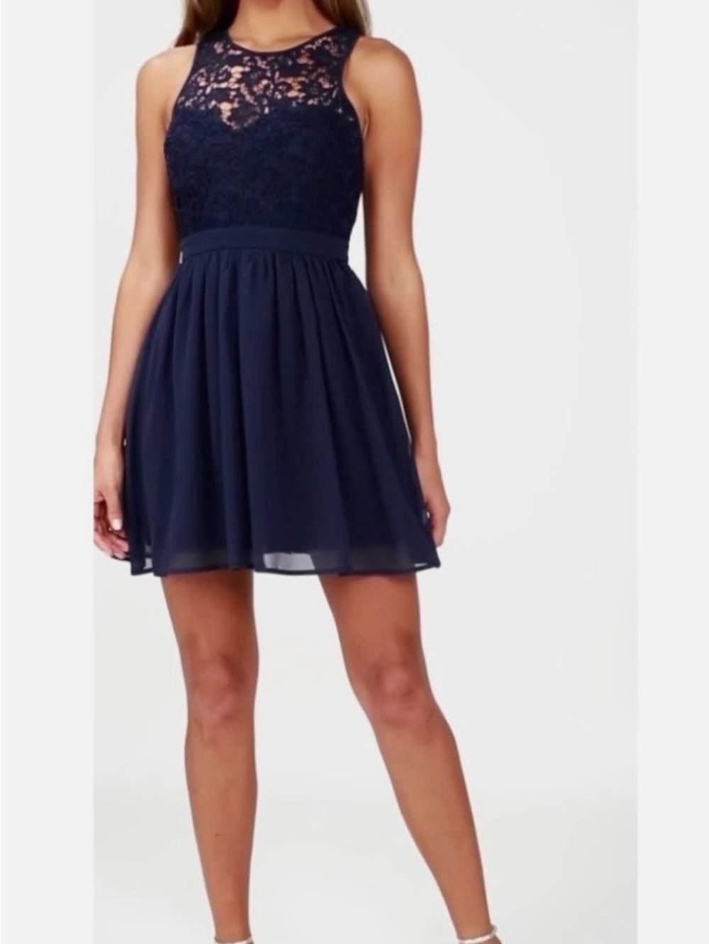 Lulus Navy Blue Lace Top Open Back Fit Flare Mini Dress Size small